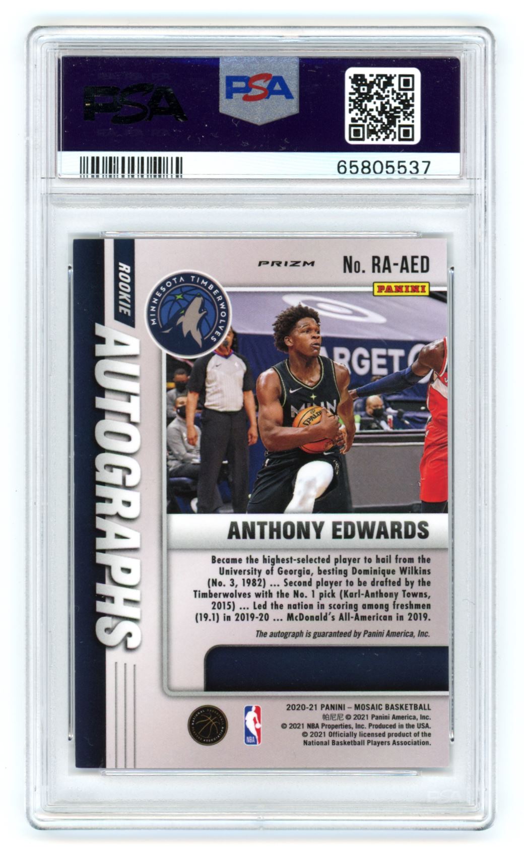 2020-21 Panini Mosaic Rookie Autographs Choice Fusion Red and Yellow Anthony Edwards #RA-AED card back image