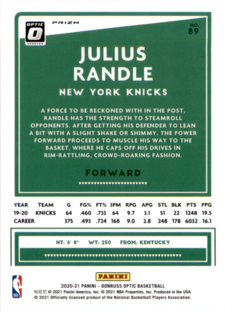 2020-21 Donruss Optic Target Box Set Julius Randle #89 card back image