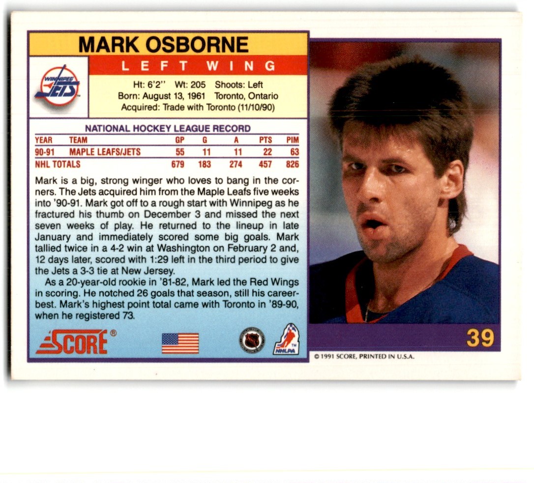 1991-92 Score American Mark Osborne #39 card back image