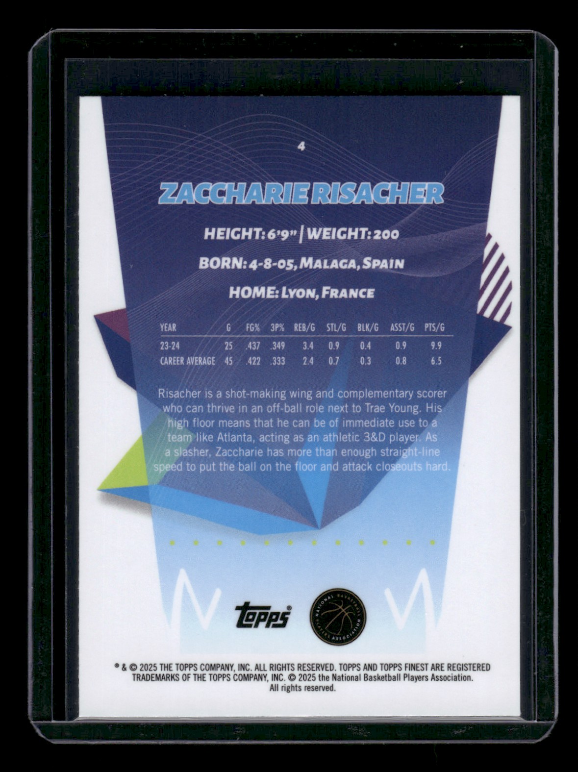 2024-25 Topps Finest ZACCHARIE RISACHER #4 card back image