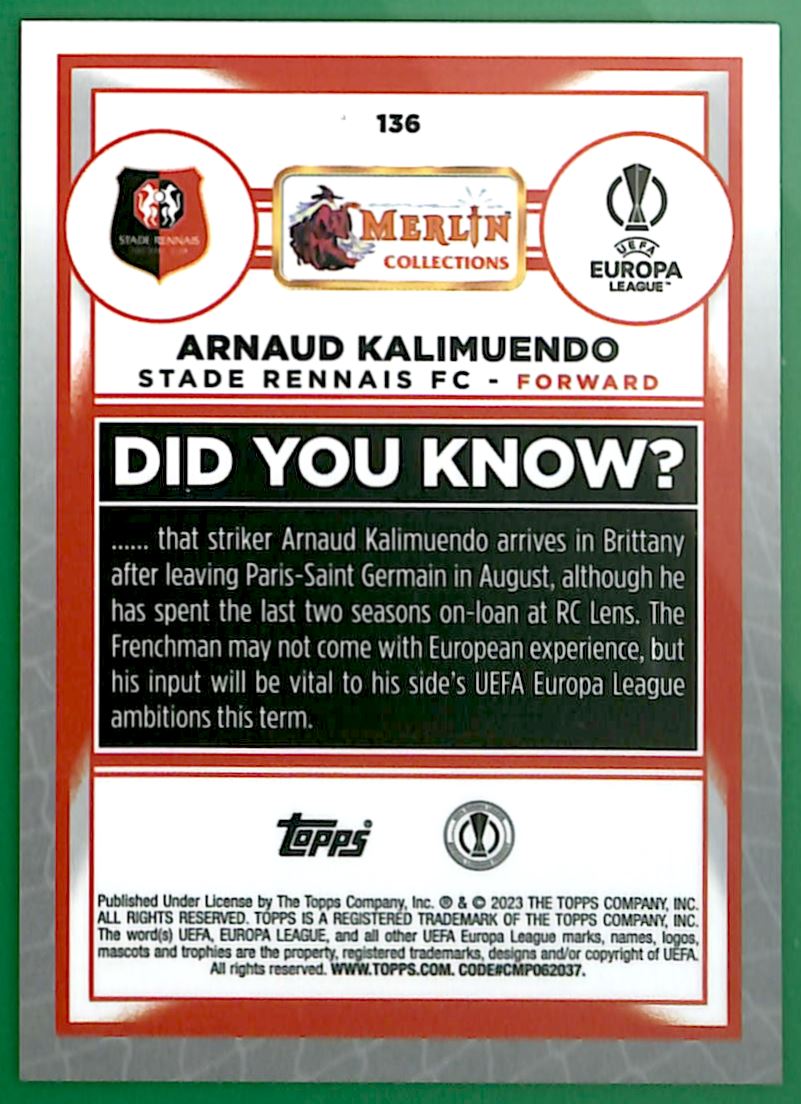 2022 Merlin Chrome UEFA Club Competitions Arnaud Kalimuendo #136 card back image