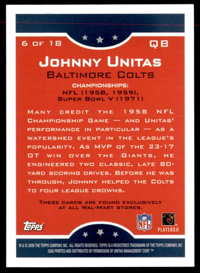 2006 Topps True Champions Johnny Unitas #6 card back image