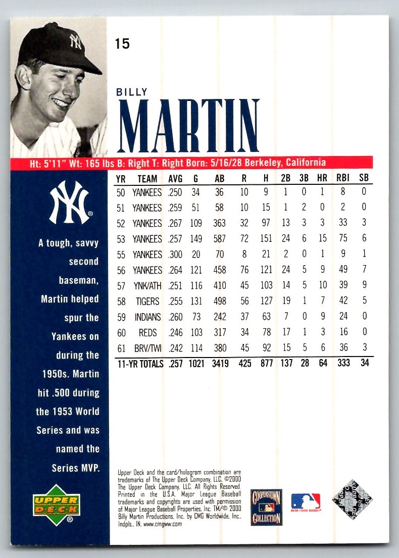2000 UPPER DECK YANKEES LEGENDS MASTERPIECESET BILLY MARTIN NEW