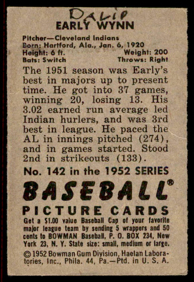 1952 Bowman Early Wynn #142 card back image