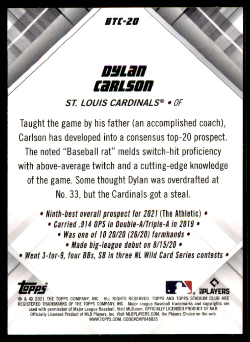 2021 Stadium Club Chrome Beam Team Dylan Carlson #BTC-20 card back image