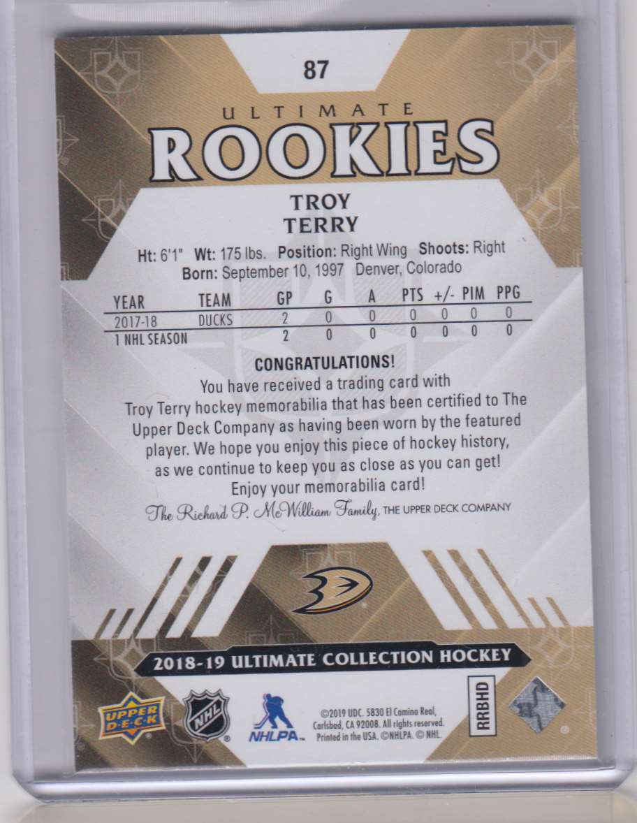 2018-19 Ultimate Collection Jerseys Troy Terry #87 card back image