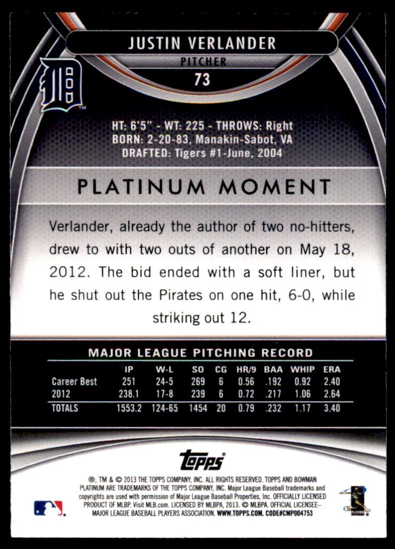 2013 Bowman Platinum Justin Verlander #73 card back image