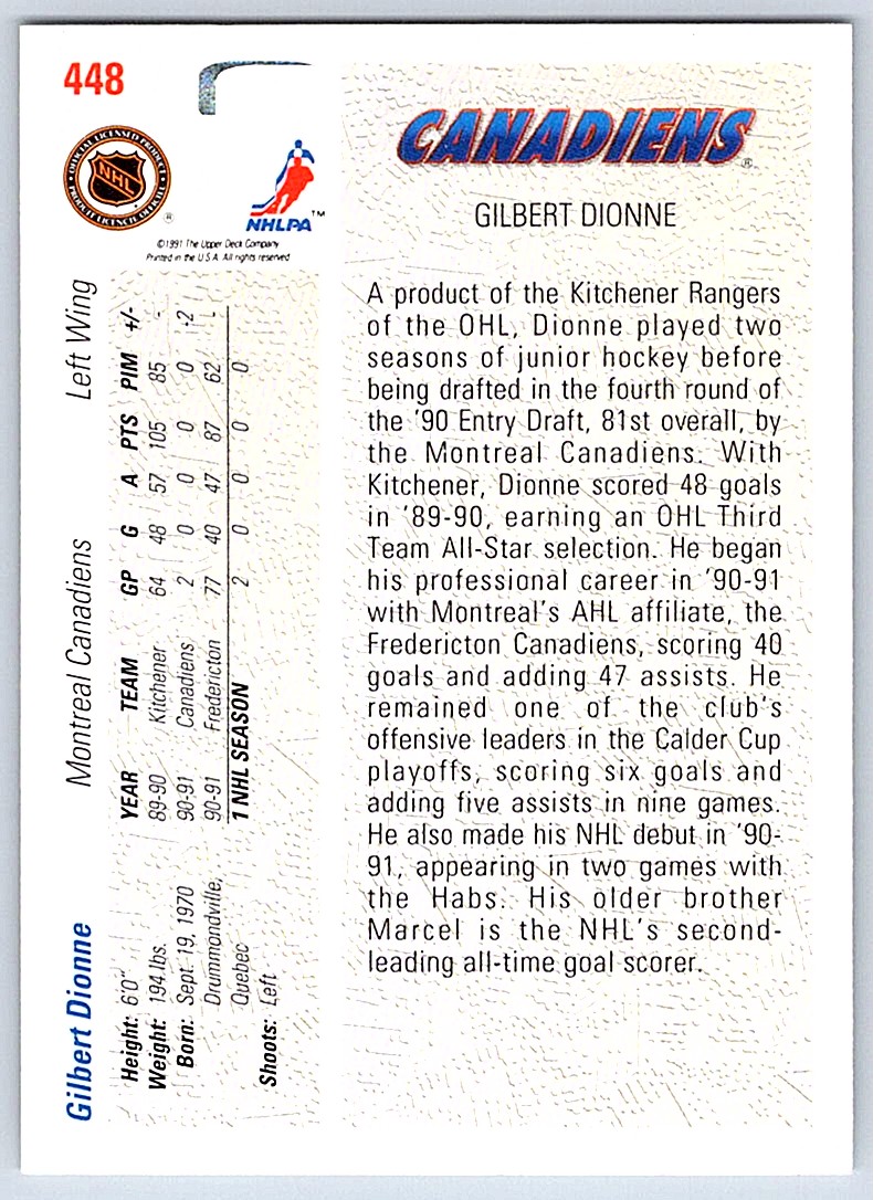 1991-92 Upper Deck Gilbert Dionne #448 card back image