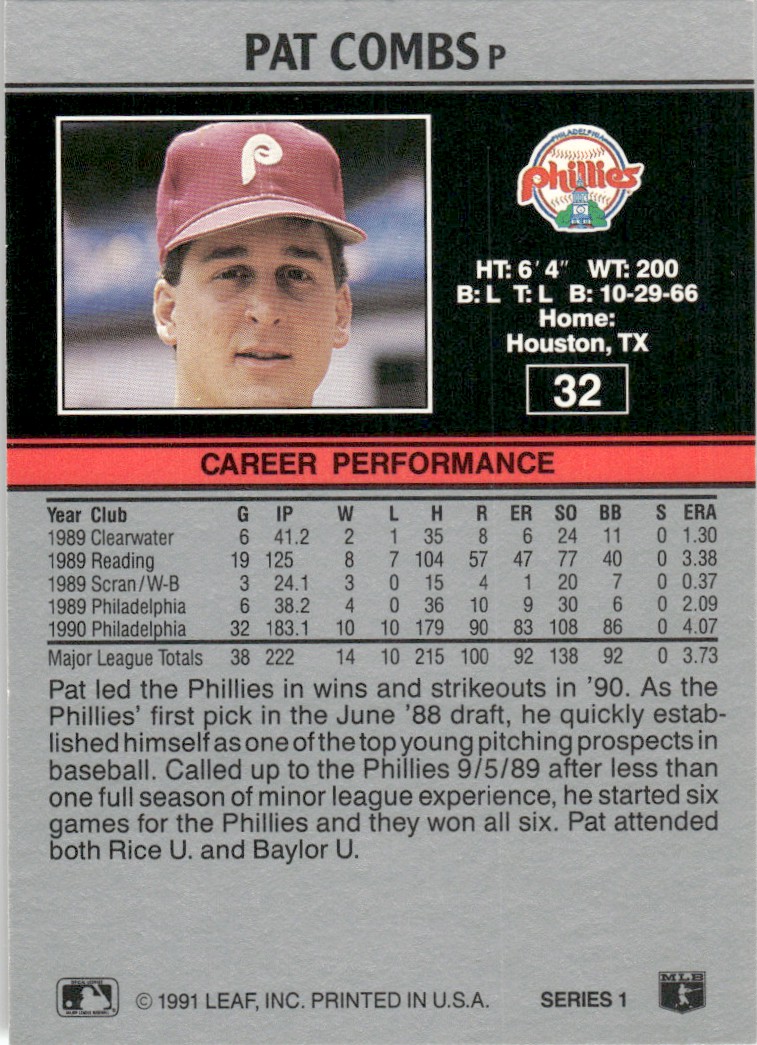 1991 Leaf Major League MLB Baseball Pat Combs #32 card back image