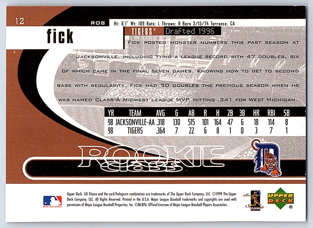 1999 UD Choice Rookie Class Robert Fick #12 card back image