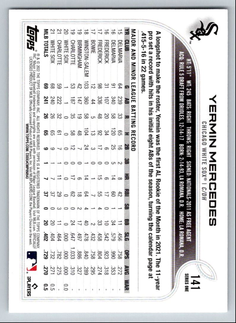 2022 Topps Yermin Mercedes #141 card back image