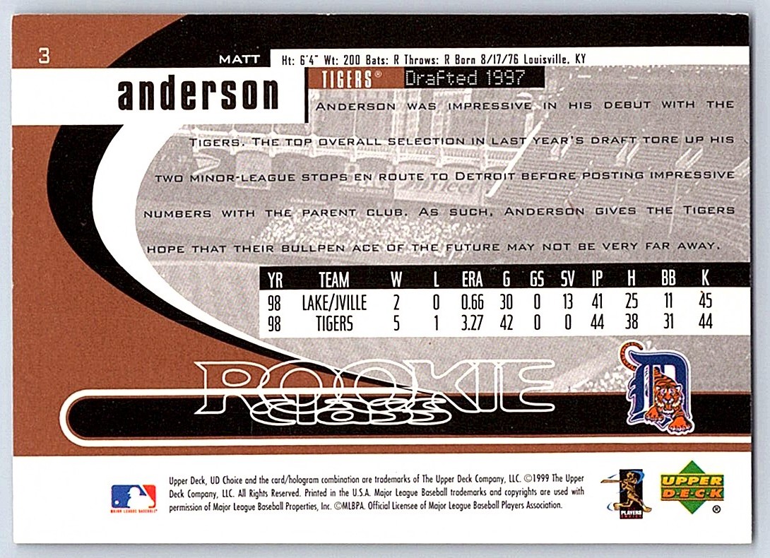 1999 UD Choice Rookie Class Matt Anderson #3 card back image