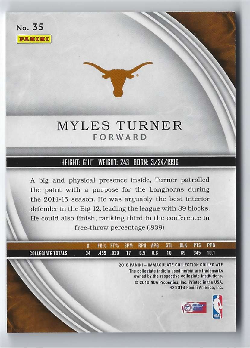 2016-17 Immaculate Collection Collegiate Myles Turner #35 card back image