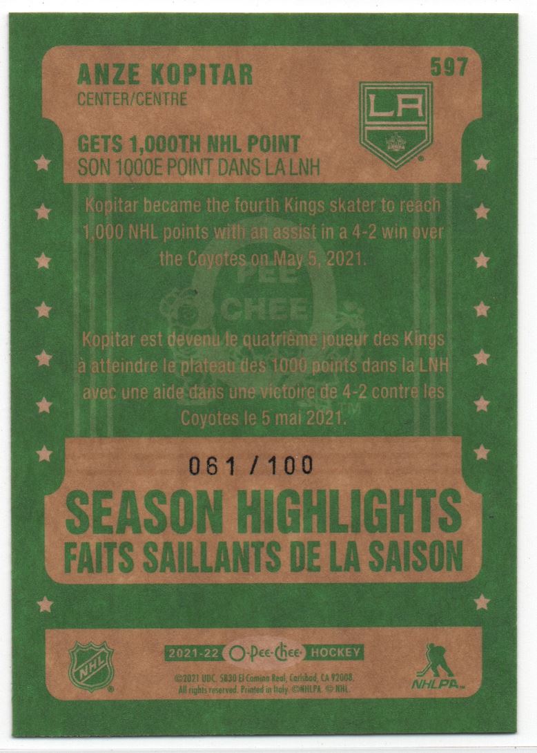 2021-22 O-Pee-Chee Retro Black Border Anze Kopitar Season Highlights #597 card back image
