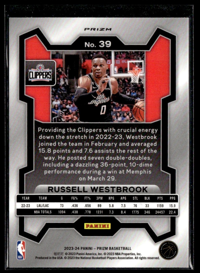 2023-24 Panini Prizm Pink Ice Russell Westbrook #39 card back image