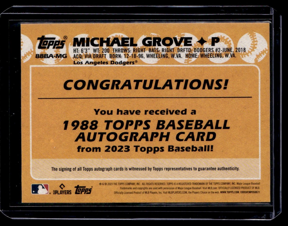 2023 Topps 1988 Baseball 35th Autographs Michael Grove #88BA-MG card back image