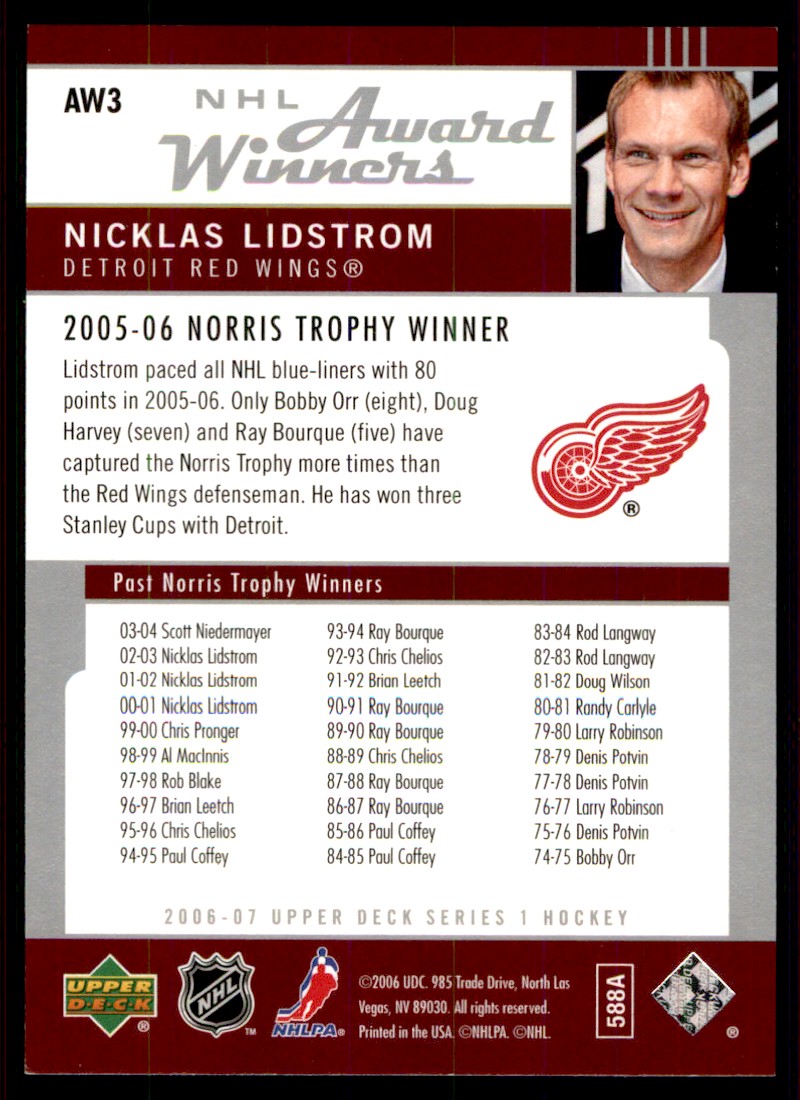 2006-07 Upper Deck Award Winners Nicklas Lidstrom #AW3 card back image
