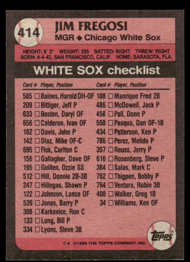 1989 Topps Jim Fregosi #414 card back image