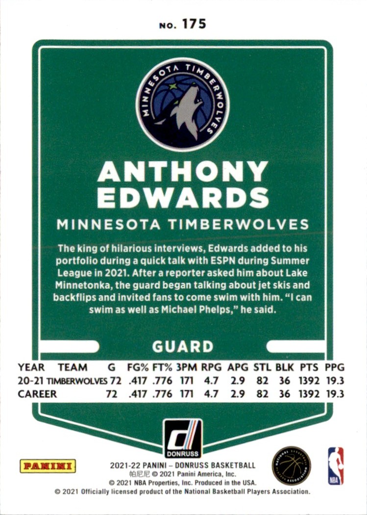 2021-22 Donruss Holo Orange Laser Anthony Edwards #175 card back image