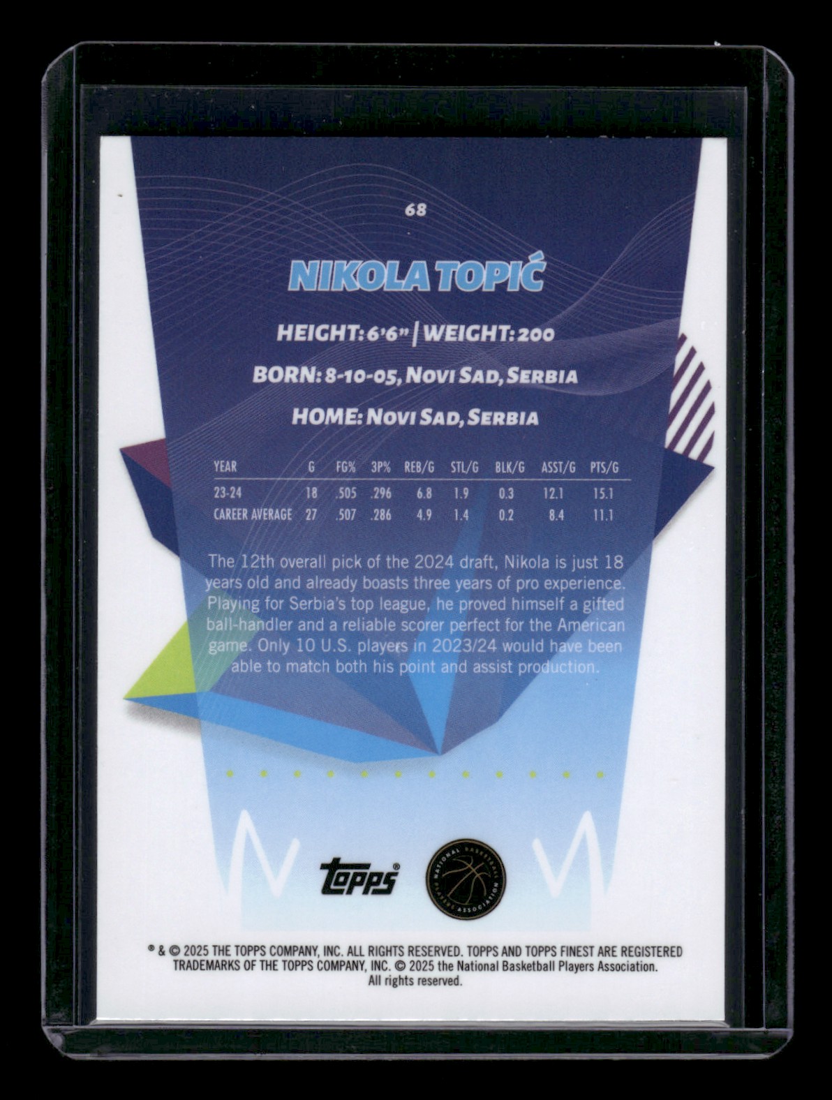 2024-25 Topps Finest NIKOLA TOPIC #68 card back image