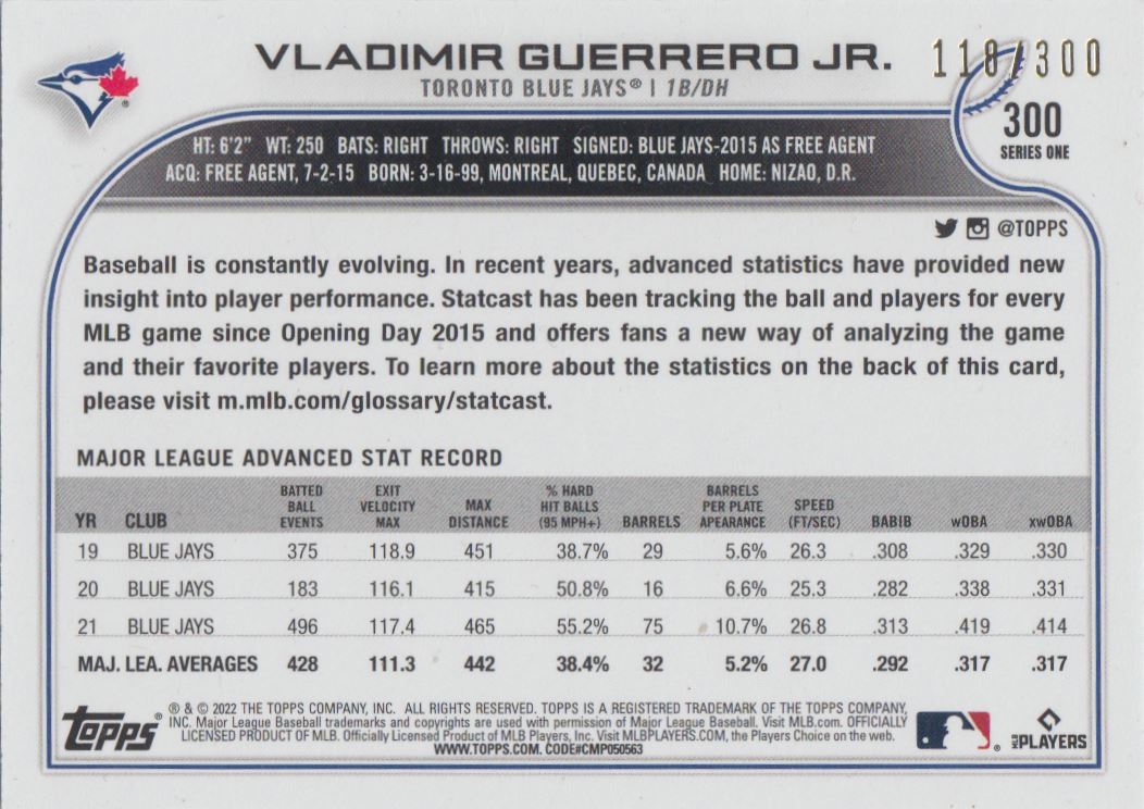 2022 Topps Advanced Stats Vladimir Guerrero #300 card back image