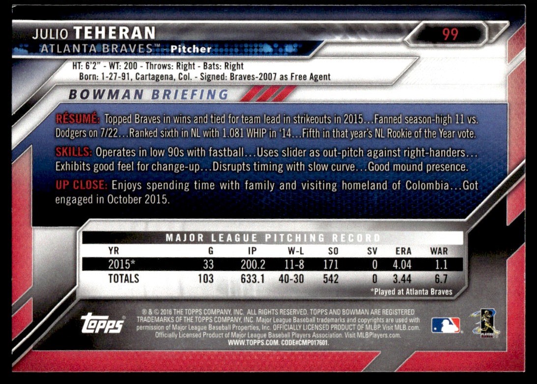 2016 Bowman Julio Teheran #99 card back image