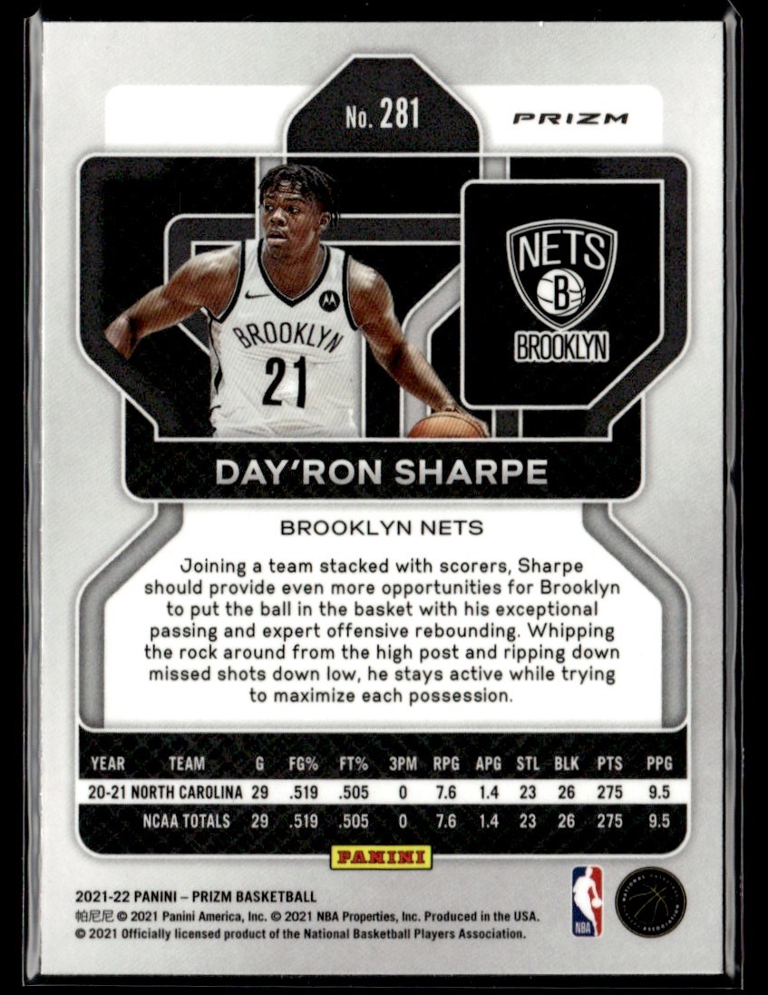 2021-22 Panini Prizm Silver Cracked Ice Day'Ron Sharpe #281 card back image