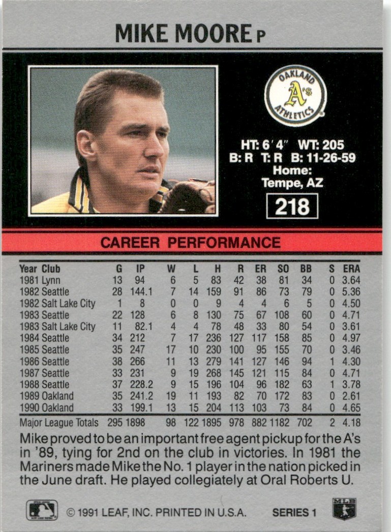 1991 Leaf Major League MLB Baseball Mike Moore #218 card back image