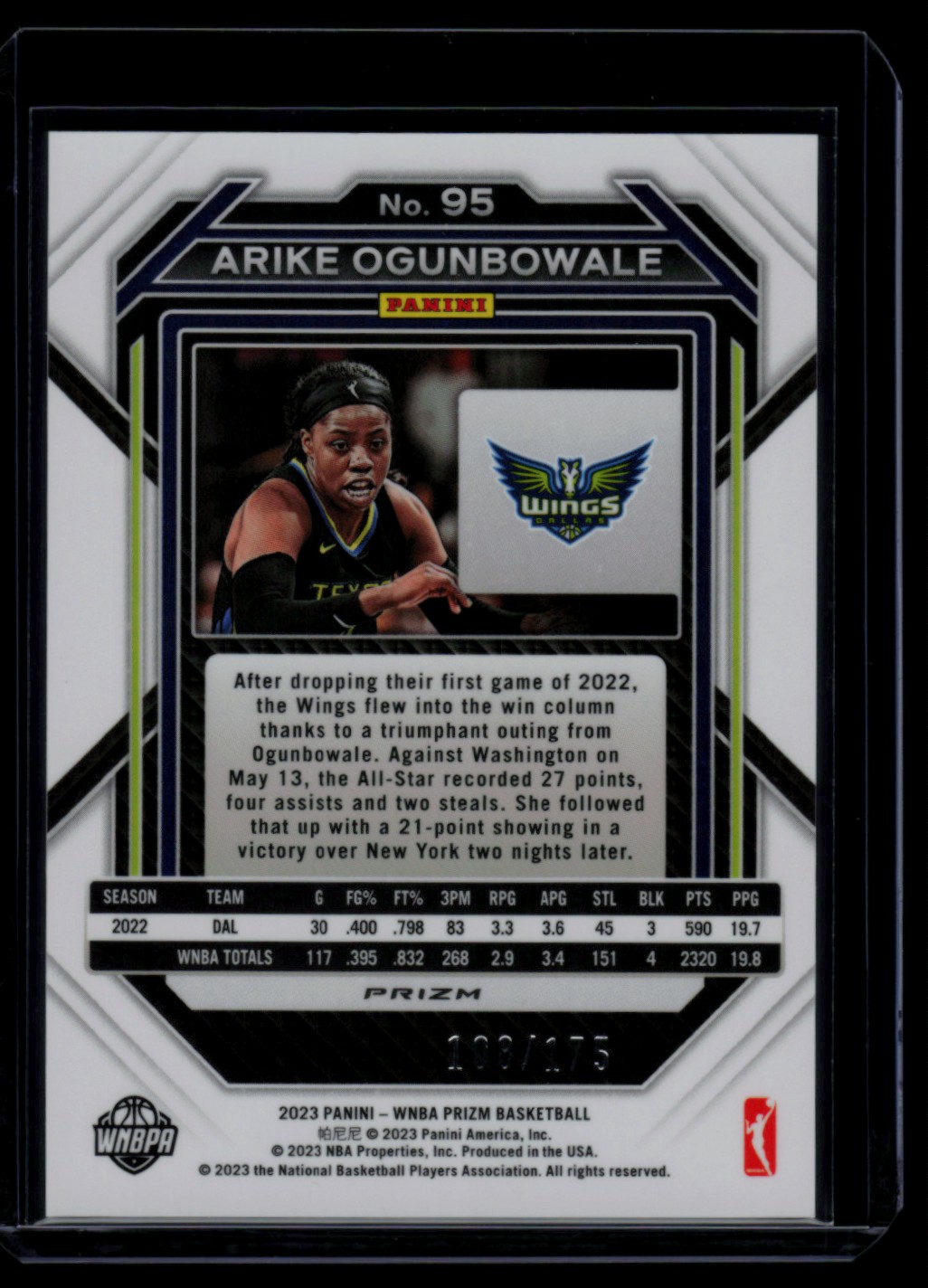 2023-24 Panini Prizm WNBA Blue Arike Ogunbowale #95 card back image