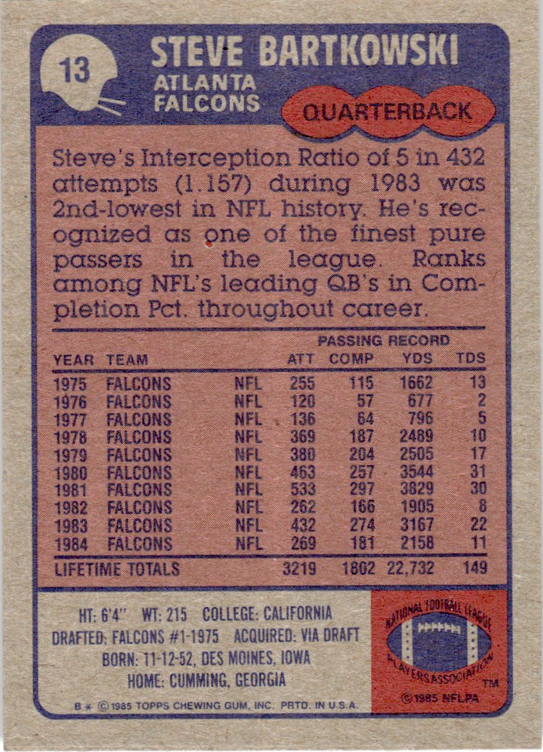 1985 Topps Steve Bartkowski C #13 card back image