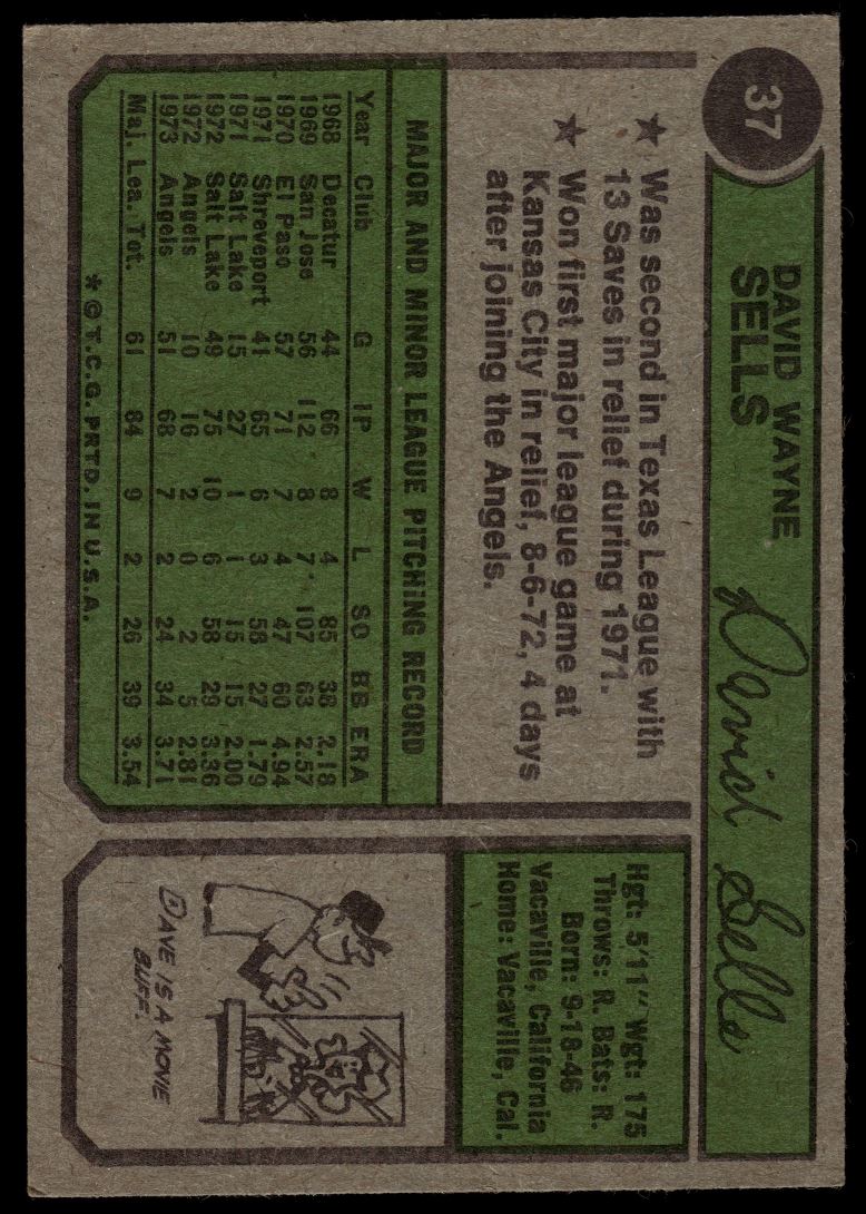 1974 Topps Dave Sells #37 card back image