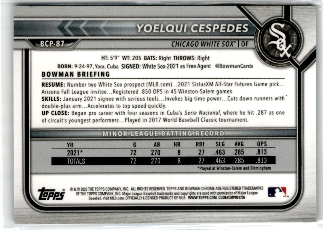 2022 Bowman Chrome Blue Raywave Yoelqui Cespedes #BCP87 card back image