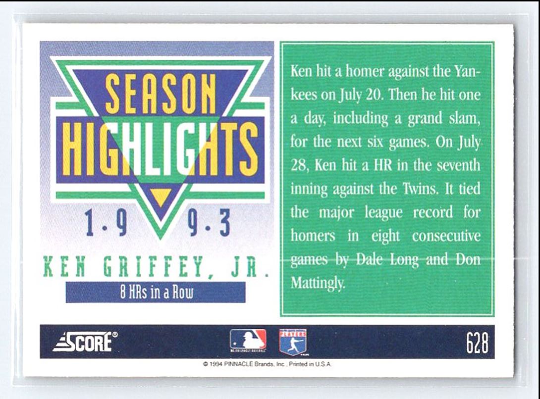 1994 Score Pinnacle Season Highlights Ken Griffey Jr. #628 card back image