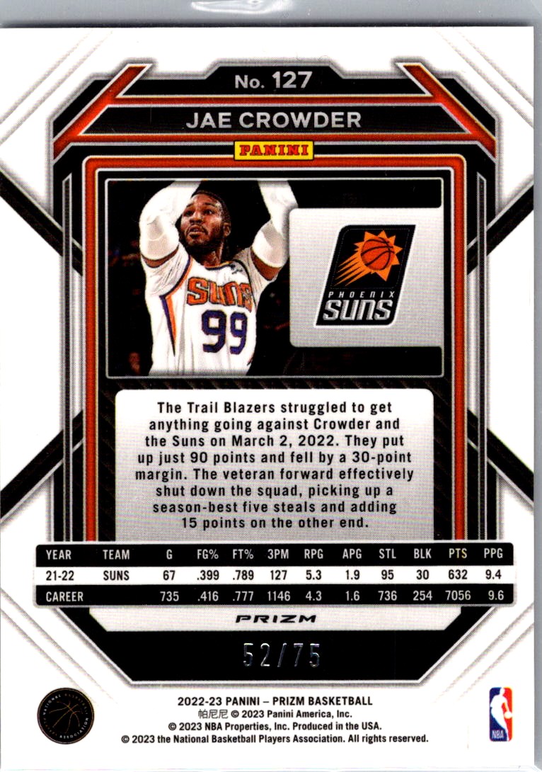 2022-23 Panini Prizm Fast Break Purple Jae Crowder #127 card back image
