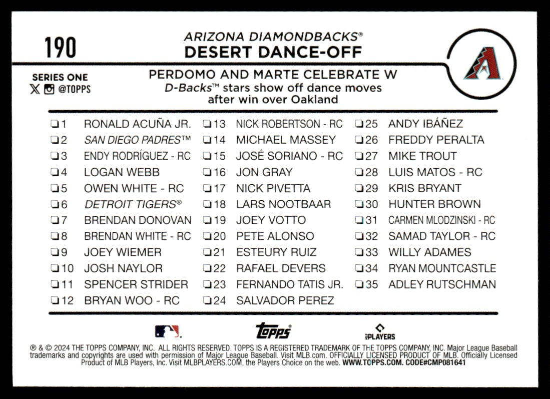 2024 Topps Desert Dance-Off Easter Foil Perdomo and Marte Celebrate W #190 card back image