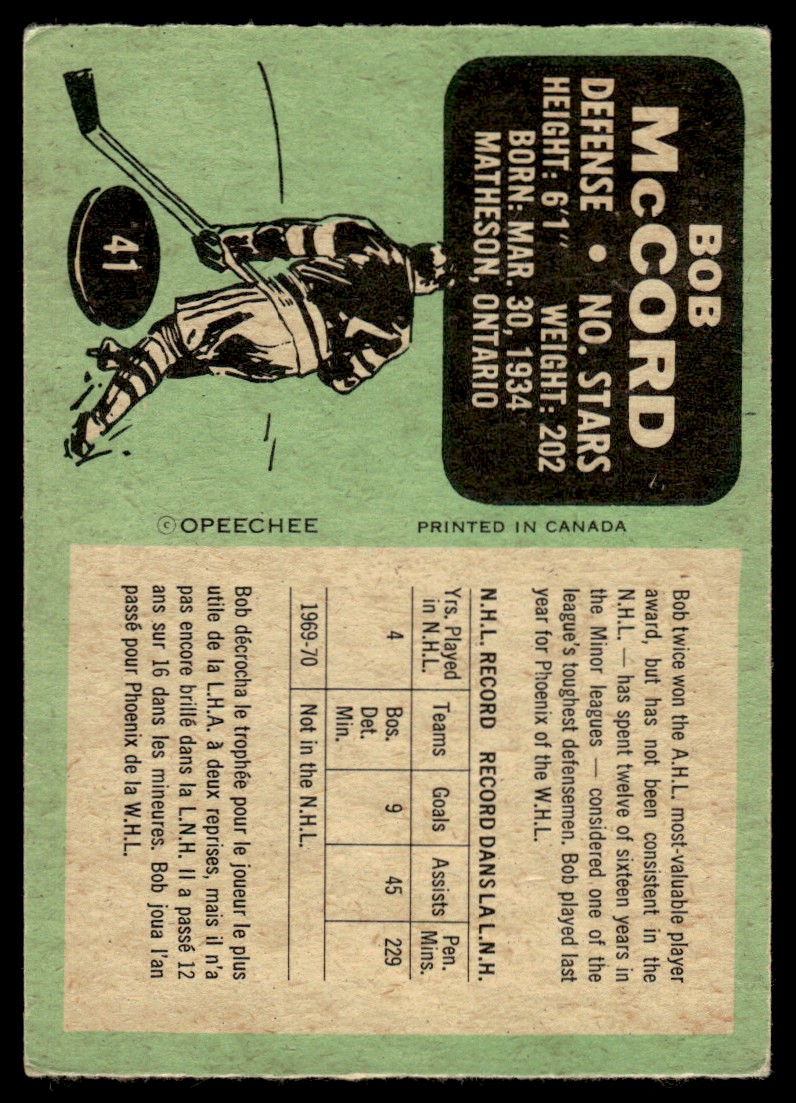 1970-71 O-Pee-Chee BOB MCCORD card back image