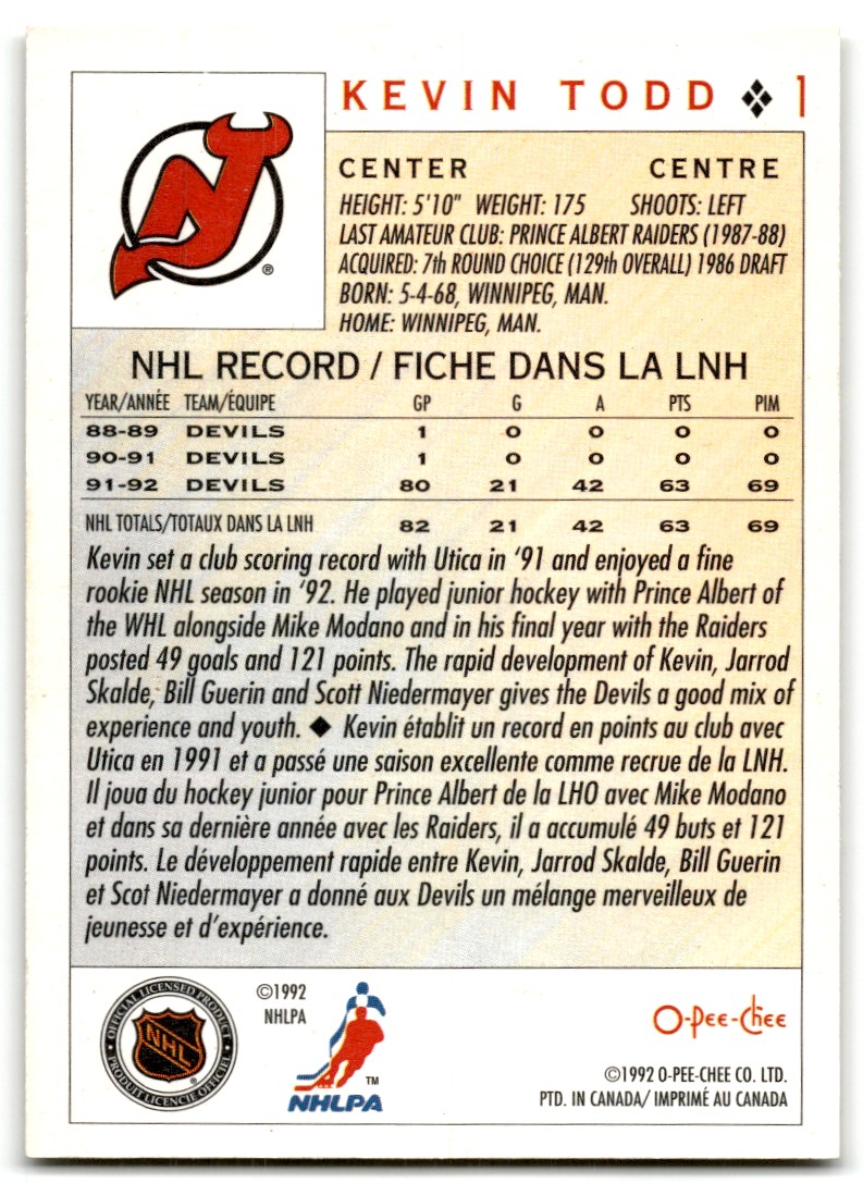 1992-93 O-Pee-Chee Kevin Todd #1 card back image