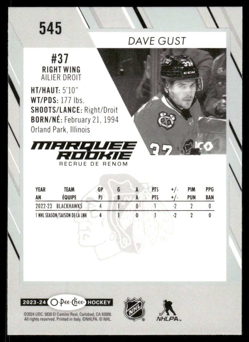2023-24 O-Pee-Chee Dave Gust #545 card back image