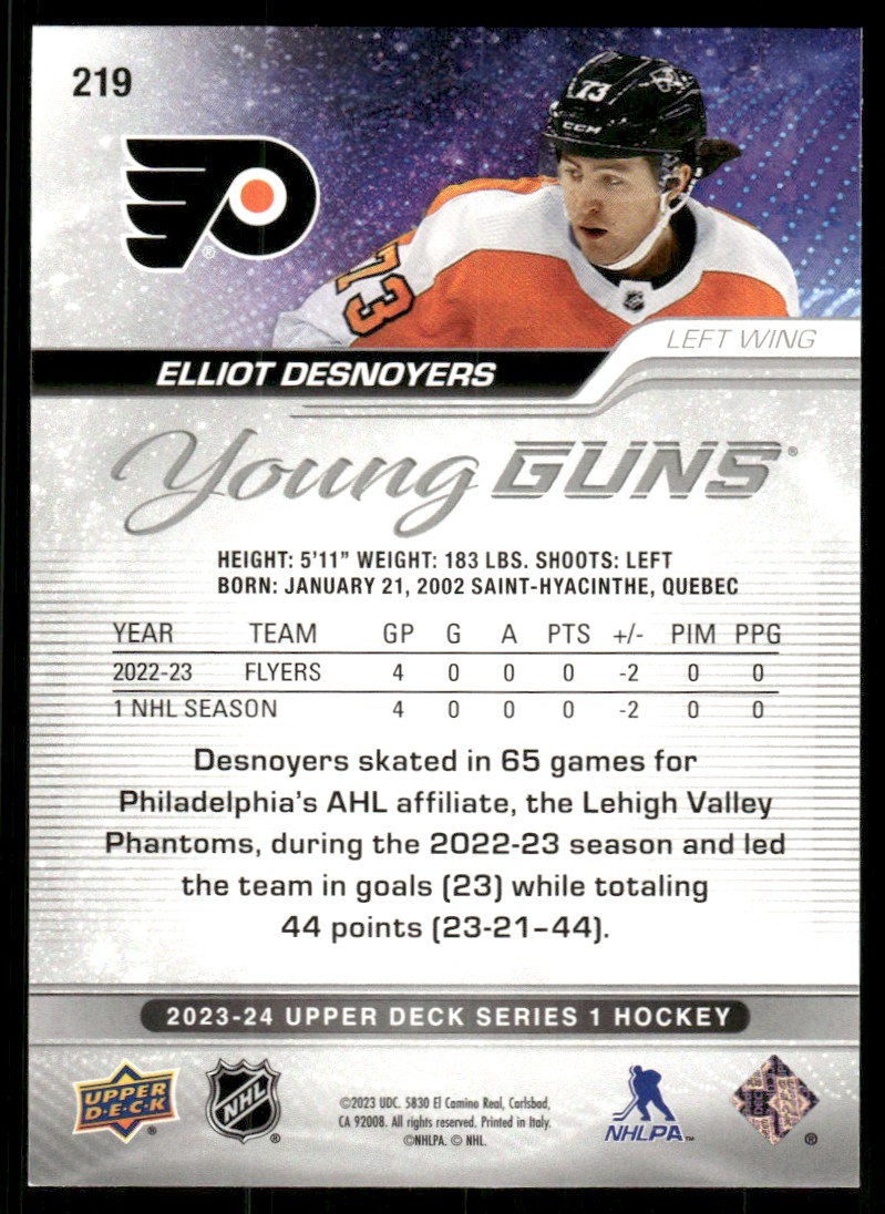 2023-24 Upper Deck YG Elliot Desnoyers #219 card back image