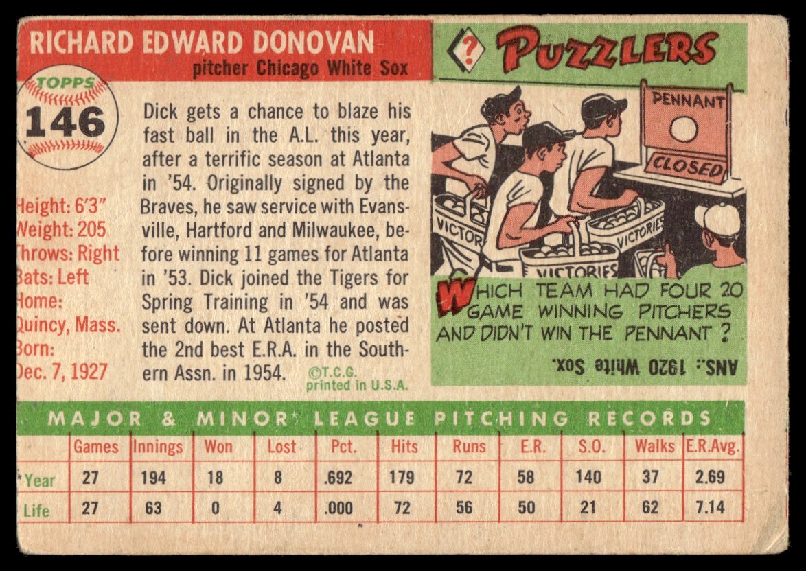 1955 Topps Dick Donovan #146 card back image