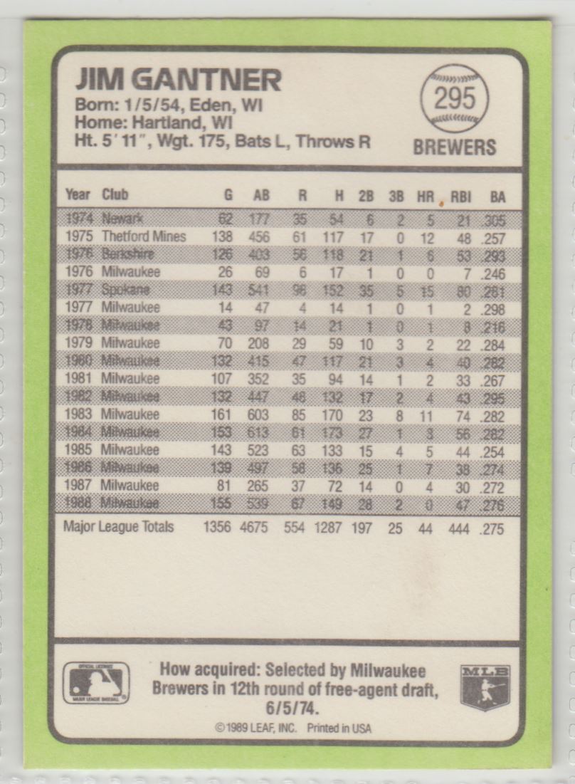 1989 Donruss Baseball's Best Jim Gantner #295 card back image