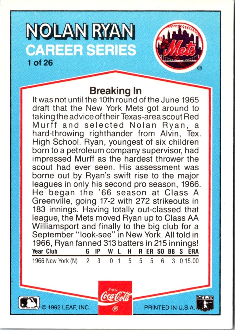 1992 Donruss Coca-Cola Nolan Ryan Nolan Ryan #1 card back image