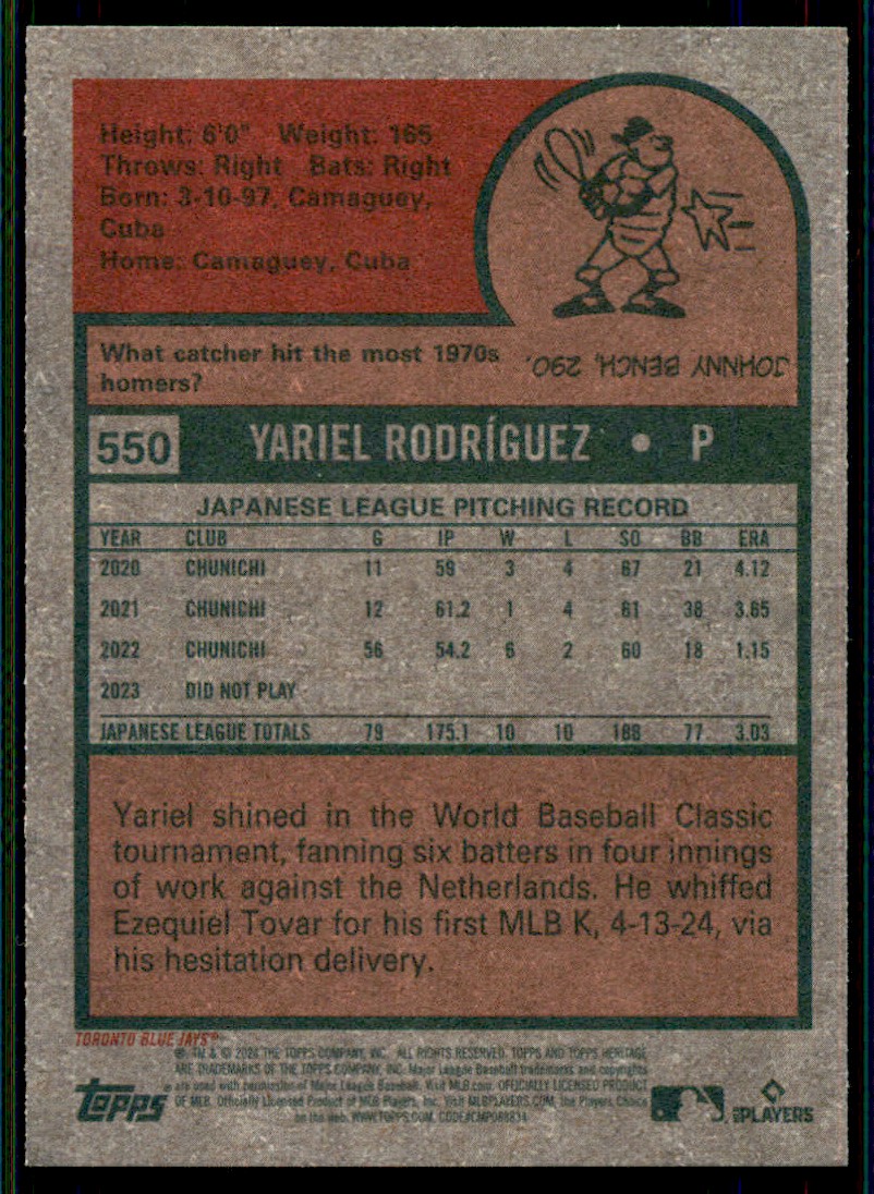 2024 Heritage High Number Yariel Rodriguez RC #550 card back image