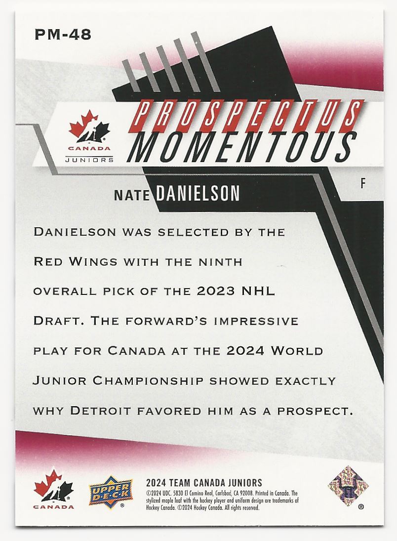 2024-25 Upper Deck Team Canada Juniors Prospectus Momentous Electric Red Nate Danielson #PM-48 card back image