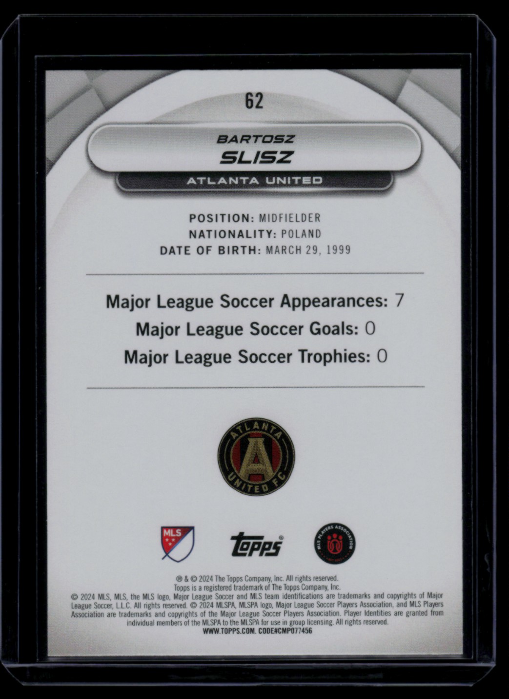 2024 Topps MLS Superstars Yellow Common Bartosz Slisz #62 card back image