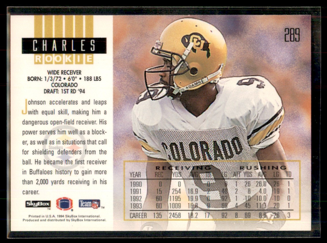 1994 SkyBox Impact Charles Johnson Rookie Pittsburgh Steelers #289 - Picture 2 of 2