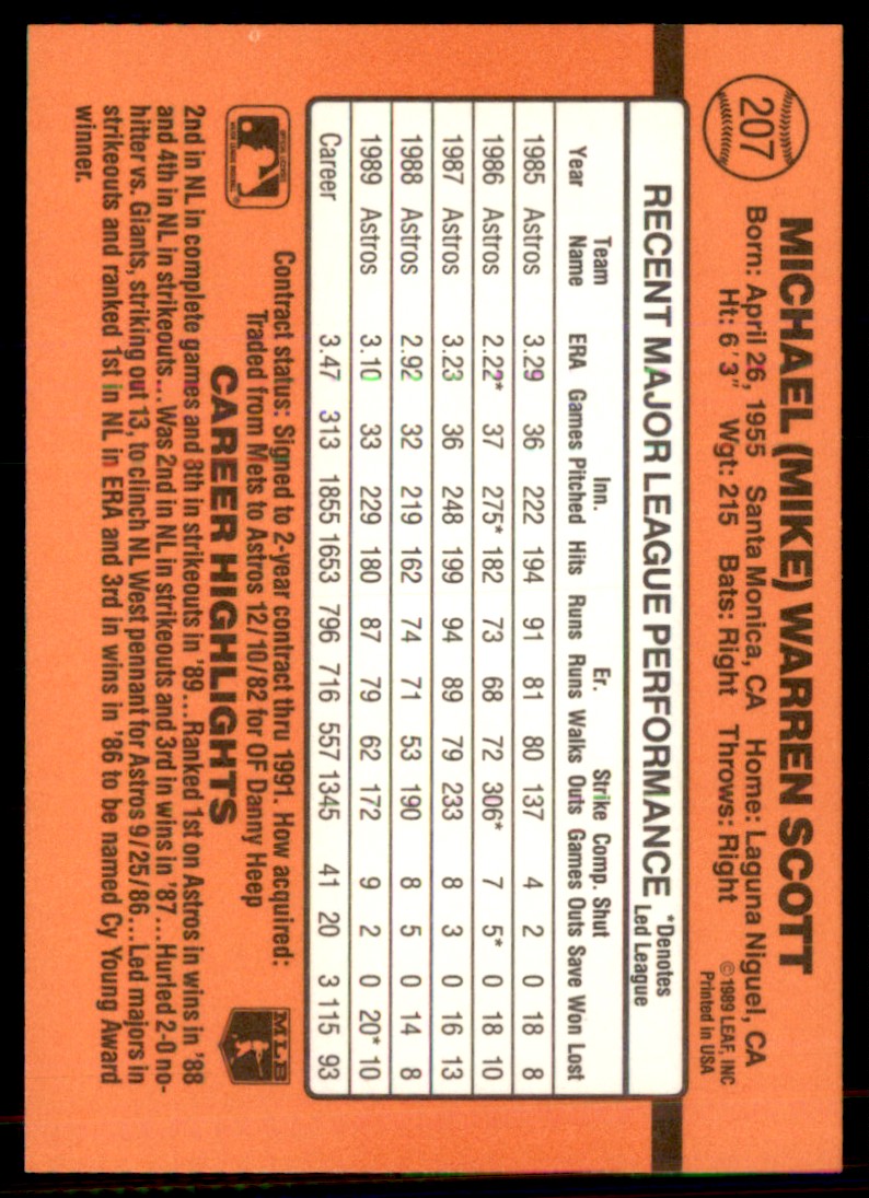 1990 Donruss Mike Scott #207 card back image