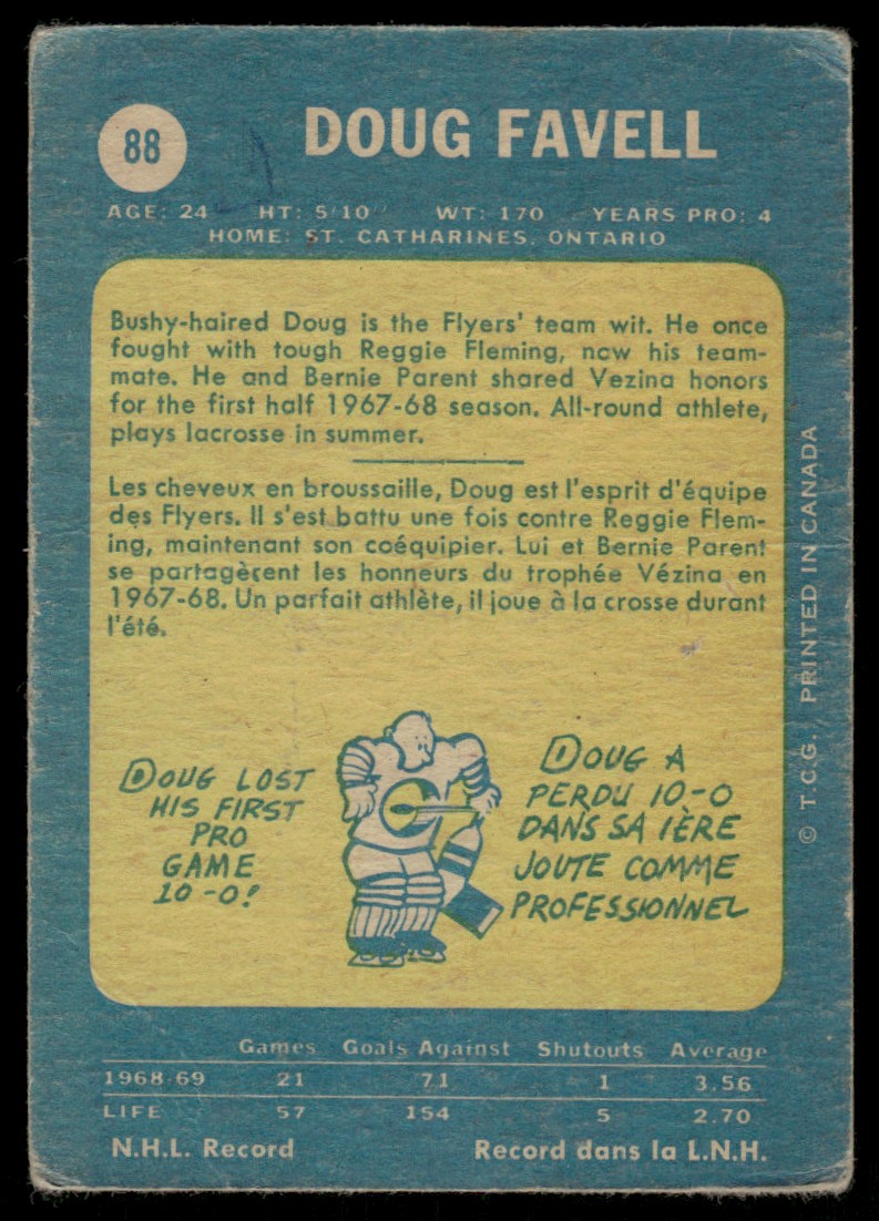 1969-70 O-Pee-Chee Hockey OPC Doug Favell #88 card back image