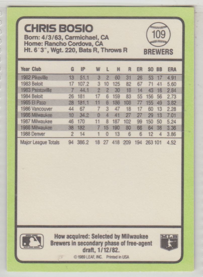 1989 Donruss Baseball's Best Chris Bosio #109 card back image