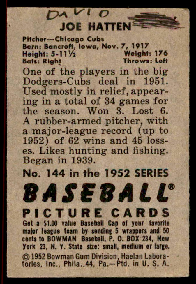 1952 Bowman Joe Hatten #144 card back image